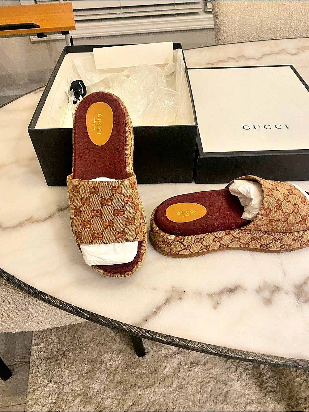 Gucci GG Canvas Platform Slide Sandal Slide Sandals in Brown NWT